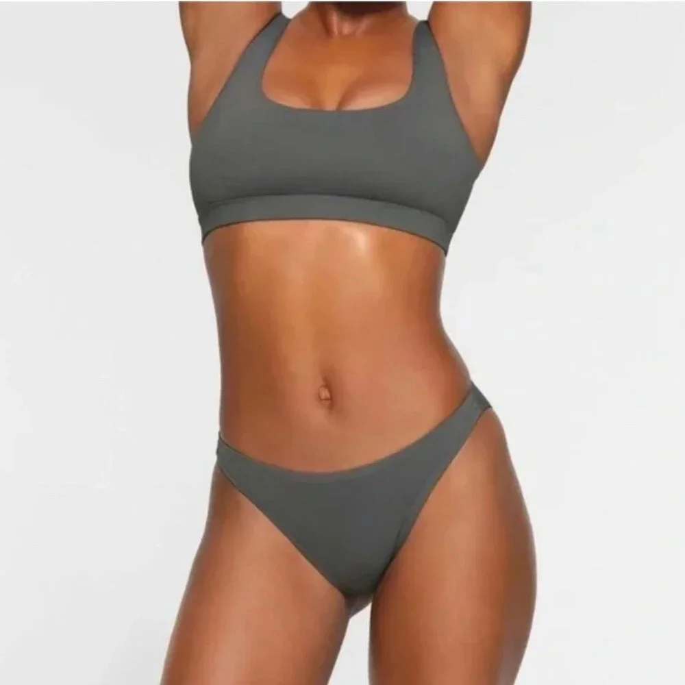 Skims Recycled Swim Tank and Mid Coverage Bottom 2pc Bikini Set Gunmetal S/M